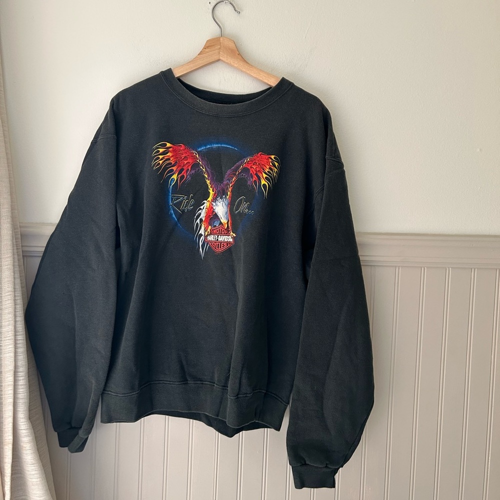 Vintage 1995 Harley-Davidson Large Black Ride On Crewneck Flaming Eagle